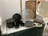 2 BOXES- CAMPING SET AND BAKEWARE, SERVING TRAYS