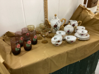 BOX OF VINTAGE WINE GLASSE, DRINKING GLASSES, TEA SET