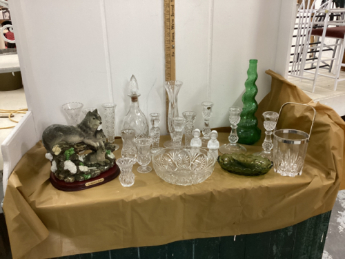 BOX WITH GLASS + CRYSTAL VASES, CANDLE HOLDERS, DECANTER, WOLF FIGURINE