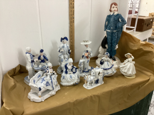 LARGE CERAMIC “BLUE BOY” AND BLUE + WHITE FIGURINES