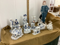 LARGE CERAMIC “BLUE BOY” AND BLUE + WHITE FIGURINES