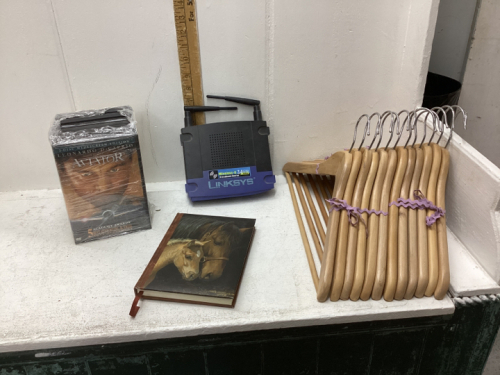 WOOD HANGERS, ROUTER,DVD’S, OFFICE SUPPLIES