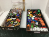 2 FLATS OF TOY CARS , TRUCKS + FIGURES