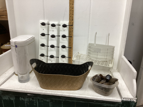 SMALL GARBAGE CANS, WALL HOOK BOARDS, VASE, TIN BIN, OYSTER SHELLS