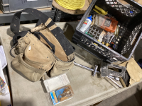 CRATE W/KUNY TOOL BELT,TIRE IRON, PARTIAL DRILL BIT SETS