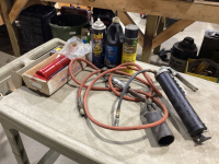 CRATE W/GREASE GUN, TIGER TORCH,GUAGE, GEAR OIL, SHOP SUPPLY