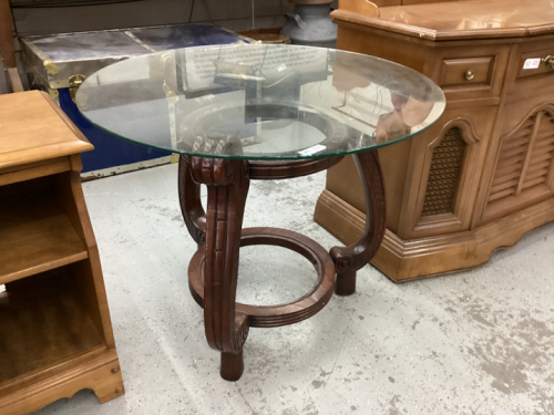 ROUND GLASS & WOOD SIDE TABLE