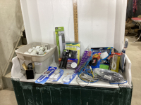 (3) BOXES W/ SMALL BIN OF FLOURESCENT LIGHT BULBS & BABY SAFETY ITEMS, WATCH