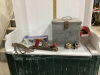 METAL BOX W/ FOOT PUMP, WOOD PLANER, DOOR KNOB, TIN SNIPS