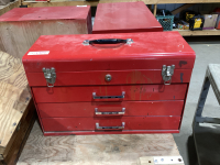 GRAY TOOL BOX - LIFT TOP AND 3 DRAWERS W/ CONTENTS