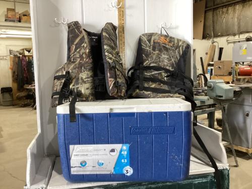 (2) CAMO LIFE JACKETS - ADULT & COLEMAN COOLER