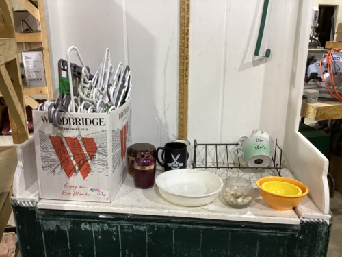 (2) BOXES W/ HANGERS, MUGS, PLATE RACK