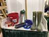 RUBBER BOOTS, BUCKET, SPRINKLER, EXT. CORD, POWERBAR, NYLONG ROPE