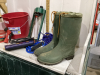 RUBBER BOOTS, BUCKET, SPRINKLER, EXT. CORD, POWERBAR, NYLONG ROPE - 3