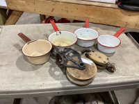 BOX W/ENAMEL WARE SMALL POTS, WOOD PULLEY + BLOCK + TACKLE