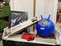 KIDS BOUNCER, BATHROOM GOLF GAME, HOCKEY PICTURE, FLAG