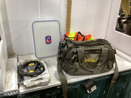 CABELAS BAG W/MASTER LOCK, STORAGE CONTAINER, SAFETY VEST,