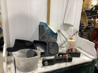 BOX W/ MISC SHOP ITEMS - TIRE IRON, ICE SCOOP, SPLASH GUARDS, HITCHES