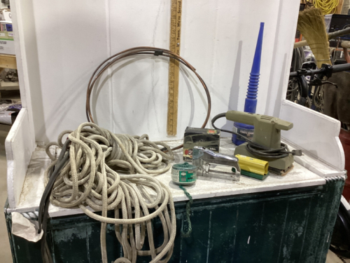 TOTE W/ELECTRIC SANDERS, COPPER TUBING, ROPE, MISC SHOP SUPPLIES