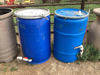 2 BLUE RAIN BARRELS WITH LIDS