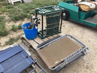 PALLET WITH SPRINKLERS GARDEN TOOL HOLDER AND LAWN CHAIR