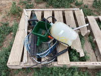 PALLET WITH SMALL HAND SPREADER, HAND SPRAYER, 3 FISH NETS,HEDGE TRIMMER