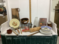 (2) BOXES W/ VINTAGE ITEMS - CHIFFON PAN, LARGE ROLLING PIN, MILK BOTTLE,MEAT TENDERIZER, CABBAGE CUTTER,