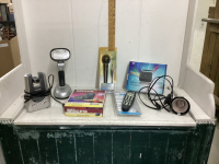 BOX W/ MICROPHONE, SMALL LAMP, UNIVERSAL REMOTE, CLOCK RADIO