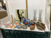 BOX W/ WOOD & POTTERY FISH DECOR, PLASTIC “HARD ROCK” GLASSES, SMALL VASES, CLAY TURTLE