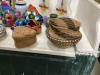 BOX W/ WOOD & POTTERY FISH DECOR, PLASTIC “HARD ROCK” GLASSES, SMALL VASES, CLAY TURTLE - 4