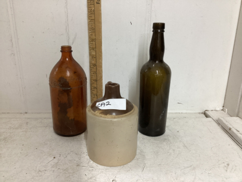 BOX W/ SMALL POTTERY JUG & 2 OLD BOTTLES