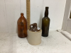 BOX W/ SMALL POTTERY JUG & 2 OLD BOTTLES - 2