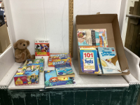 BOX W/ KIDS BOOKS, PUZZLES, BOGGLE GAME