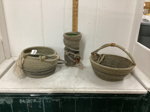 (2) LARIAT WRAPPED BOWLS & VASE