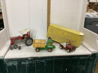 VINTAGE METAL TOYS - TONKA JEEP , MF 275 TRACTOR, TRAILER, DUMP TRUCK