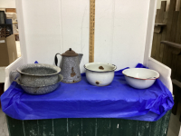 VINTAGE ENAMEL PANS - BOWLS, KETTLE