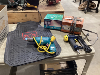 SMALL BATTERY CHARGER, DODGE FLOOR MATS, GAS REGULATOR, AIR NAILER, MILWAUKEE CORDED DRILL