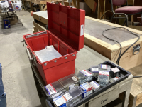 RED PLASTIC TOOL BOX FULL OF ASSORTED SCREWS AND FASTENERS