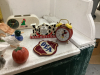 BOX W/ MISC COLLECTIBLE - SALT & PEPPER SHAKERS, PLANTERS PEANUT TIN, KELLOGS CLOCK, MICKEY MOUSE CLOCK - 3