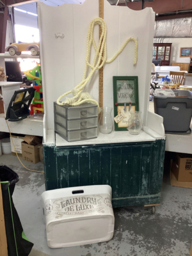 NICE LAUNDRY BASKET W/ SMALL PLASTIC STORAGE UNIT, VASES, MACRAME ROPE