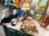 BOX OF MISC KIDS TOYS, BACKPACK, STUFFIES, BOOKS - 2