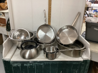 BOX W/ STAINLESS STEEL ROASTER, LARGE BOWL, POTS, COLANDERS, TEA KETTLE