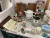 BOX OF MISC DECOR ITEMS - BELLS, SINGLE TEAPOT & CUP, CANDLES & HOLDERS - 2