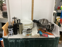 (2) BOXES W/ POTS & PANS, VINTAGE COFFEE PERCOLATOR, PIE STACKER, ETC