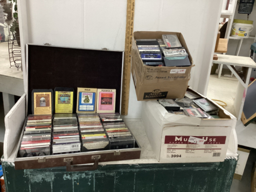 (2) BOXES & CASE W/ A LARGE AMOUNT OF CASSETTE TAPES & A FEW 8-TRACKS