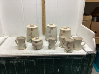 POTTERY CANISTER SET, CREAM & SUGAR & MUGS