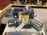 PLASTIC TOOLBOX W/ ROUTER BITS,DRILL BITS, WOOD BORING BITS, JIGSAW BLADES AND A SAW BLADE CLOCK