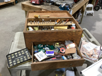 WOOD BOX W/LEATHER WORKING EQUIPMENT + SUPPLY