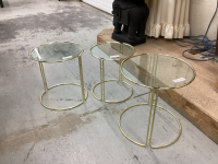 (3) GLASS & BRASS ROUND SIDE TABLE SET