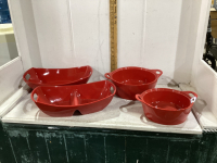 RED STONEWARE - (2) CORNING WARE CASSEROLES, (2) “OVERAND BACK” SERVING BOWLS